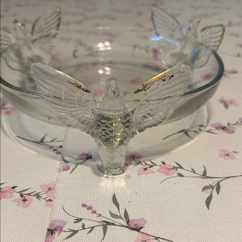 Clear Glass Bird Bowl with Gold Accents